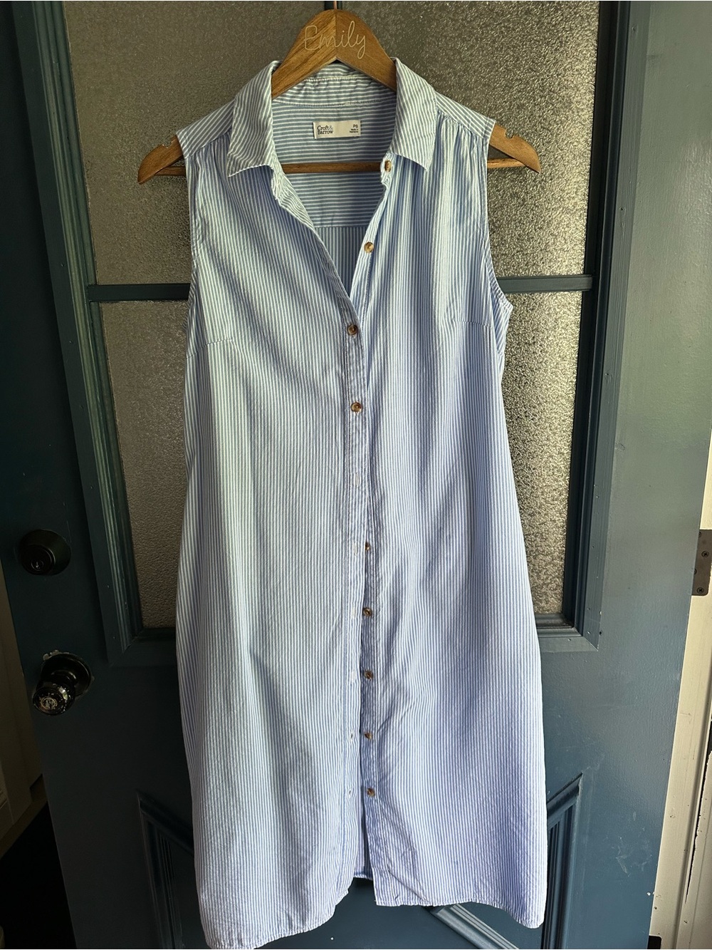 Light Blue and White Sleeveless Midi Shirt Dress